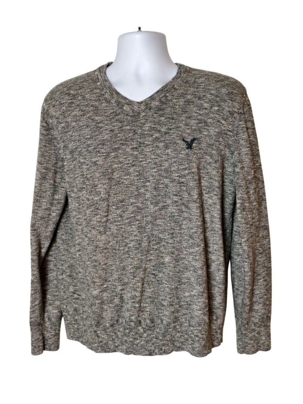 American Eagle Mens L Preppy Knit Sweater Y2K Heather Gray V-Neck Embroidered